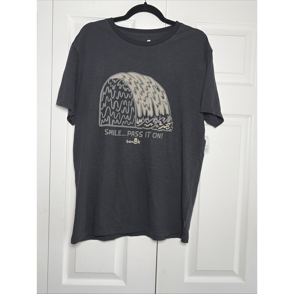Sanuk Smile Pass It On Graphic Tee Mens M Charcoal Grey Organic Cotton tee‎